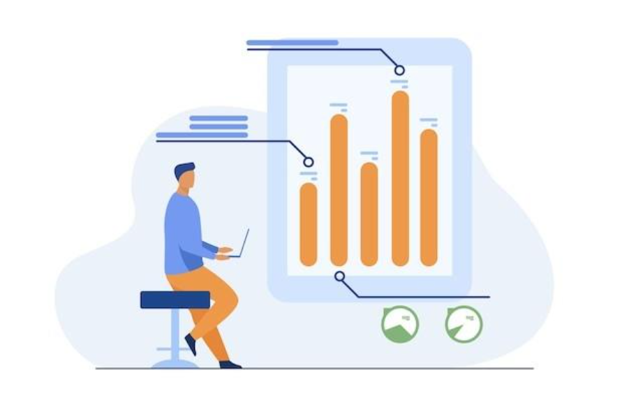 man with laptop analyzing infographics. diagram, bar chart, report flat vector illustration. analysis, marketing, project manager