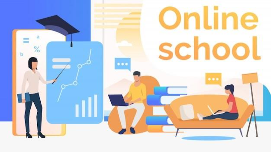 people studying at online school, home interior and teacher